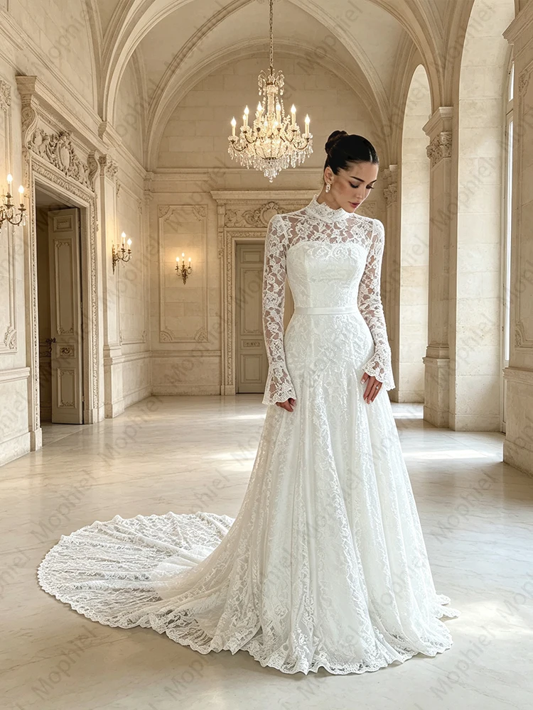 Elegant Wedding Dresses High Neck Long Sleeve A Line Lace Bride Dress for Women Sweep Train White Church Bridal Gown Customized