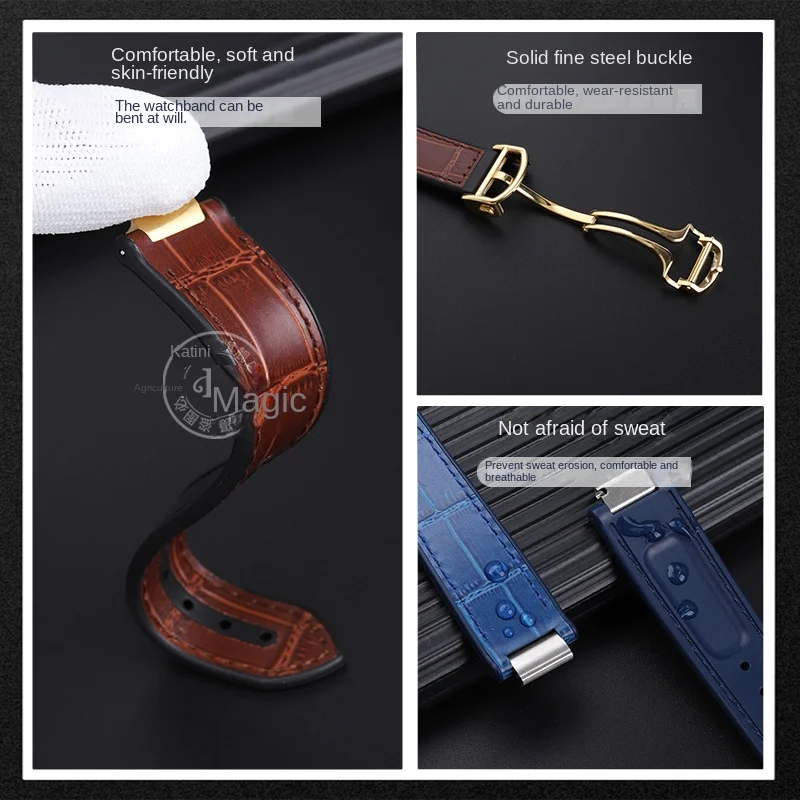 For Cartier Blue Balloon Watch Belt Rubber Bottom Band 36mm 42mm Leather watch Strap Cow Watch Band third-generation fold buckle