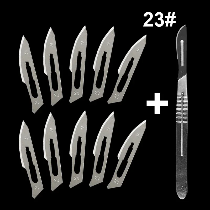 10 Pcs Animal Surgical Knife 23# Carbon Steel Surgical Scalpel Blades + 1 Pcs Handle Scalpel DIY Cutting Tool