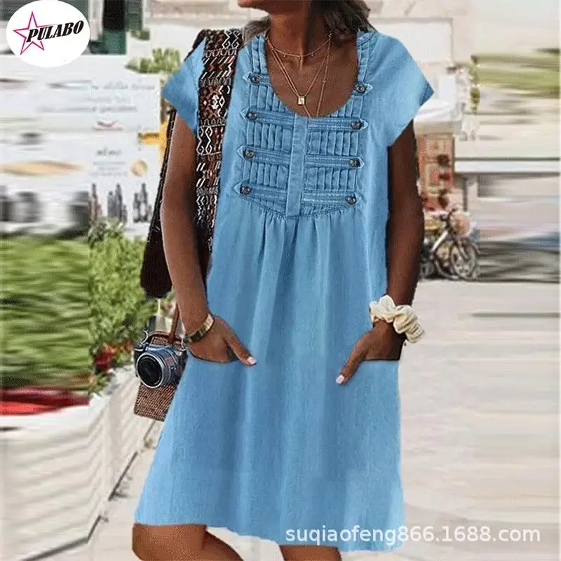 PULABO Faux Denim Dress Summer Double Button Cowboy Mini Dresses OL Style O Neck Short Sleeve Loose Shirt Dress Vestidos Female