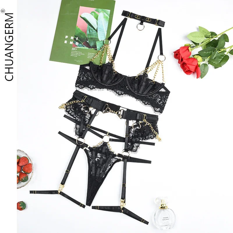 

CHUANGERM Exotic Women Underwear Sexy Outfit Sensual Kit Intimate Delicate Luxury Lace Lingerie with Chain Fancy Bra Garter Set