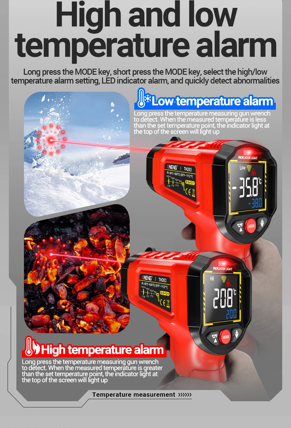 ANENG TH203 Smart Industrial Infrared Thermometer -50~600℃ Temperature Gun VA Reverse Color Screen Tester Meter Pyrometer Tools