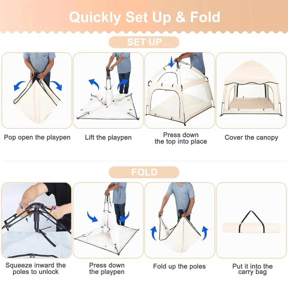 Box portatile per bambini con baldacchino, tenda da spiaggia per esterni, zanzariera per interni ed esterni (beige)