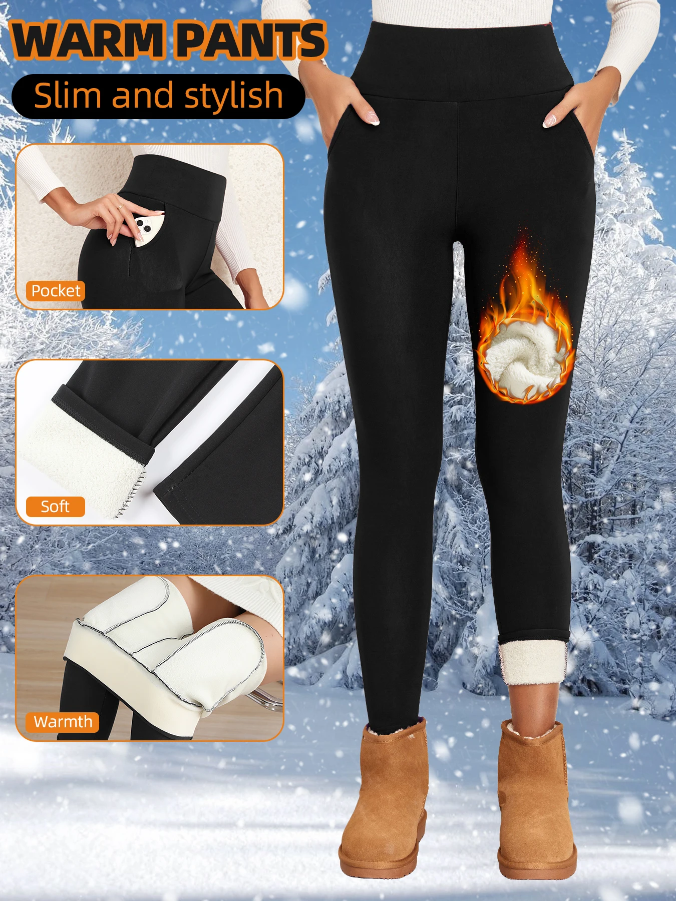 Winter Fleece Leggings Thick Pockets Pants Women High-Waisted Thermal Tights Tummy Control Super Warm Legging Casual Wear