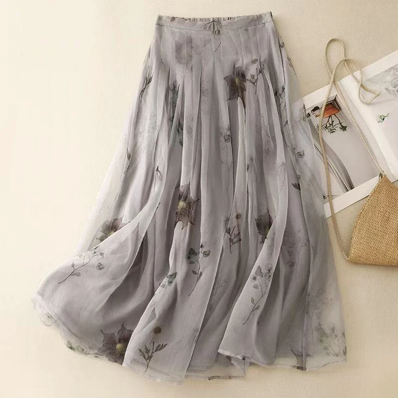 

Elegant Vintage Print Women Mesh Skirts 2025 New Summer Light Weight Draped Tulle A-Line Midi Skirts Female Large Swing Skirts