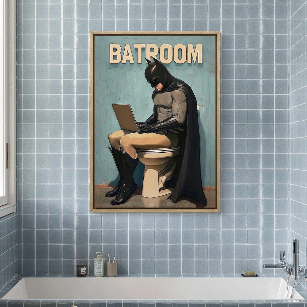 Funny Bat Art Print Batroom Bathroom Decor Hero Toilet Wall Art Humorous DC Comics Poster Geeky Man Cave Gift Pictures