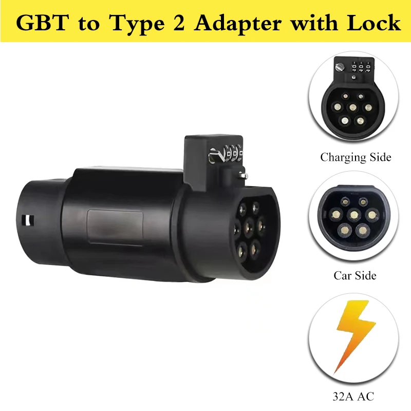 

Electric car vehicle gbt to type 2 adapter IEC 62196 380v ev charger 32A AC charging Connector Converter with lock