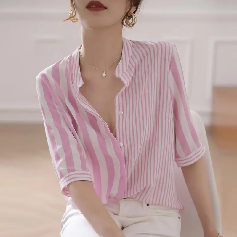 Summer Temperament Striped Stand Collar Short Sleeve Blouse Femme Simplicity Buttons Shirts Women Clothing Casual Patchwork Tops