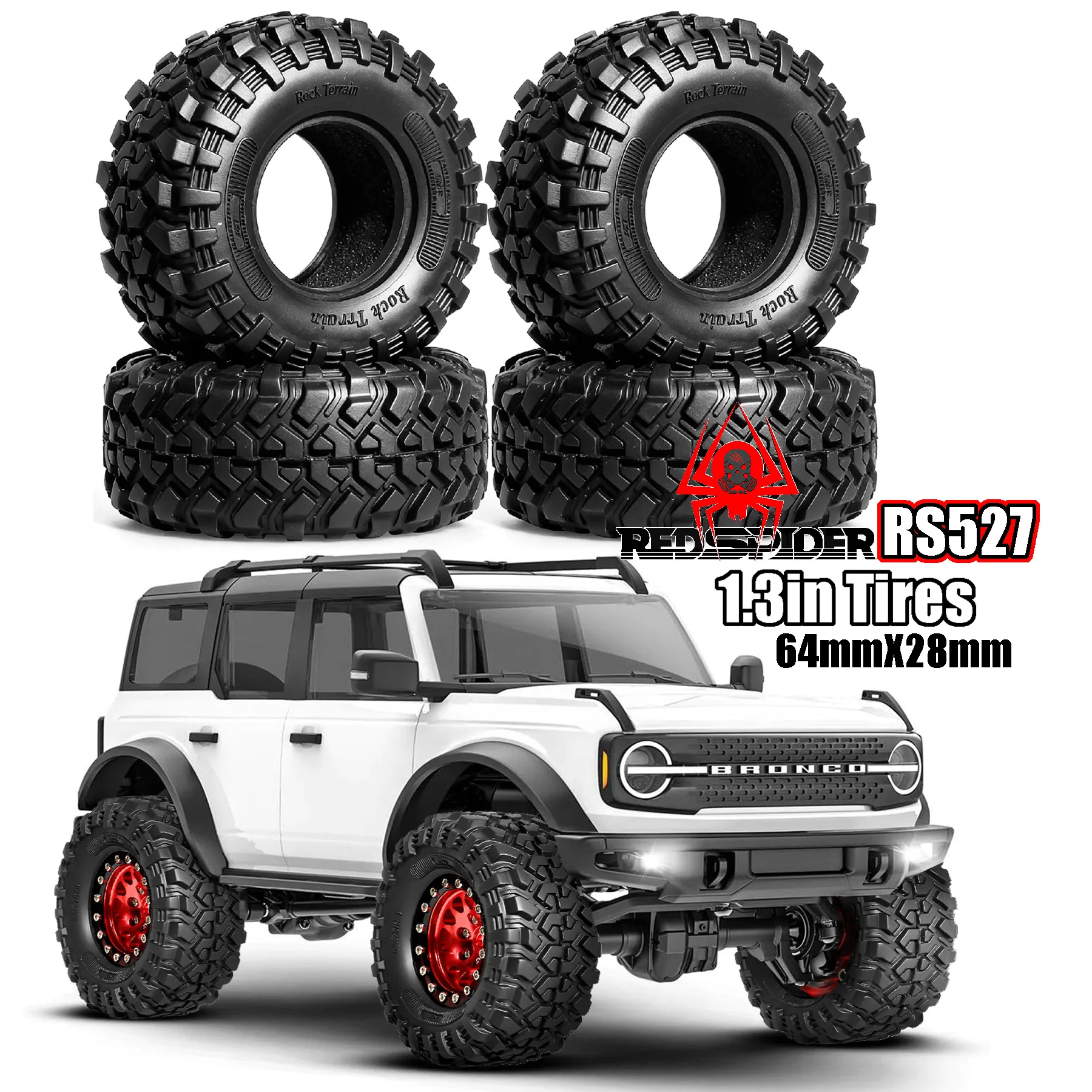 RED SPIDER 4Pcs 1.3 Mud Terrain Rubber Wheel Tires OD 64mm  for 1/18 1/24 Traxxas TRX4M Axial SCX24 Ascent-18 Upgrade Parts