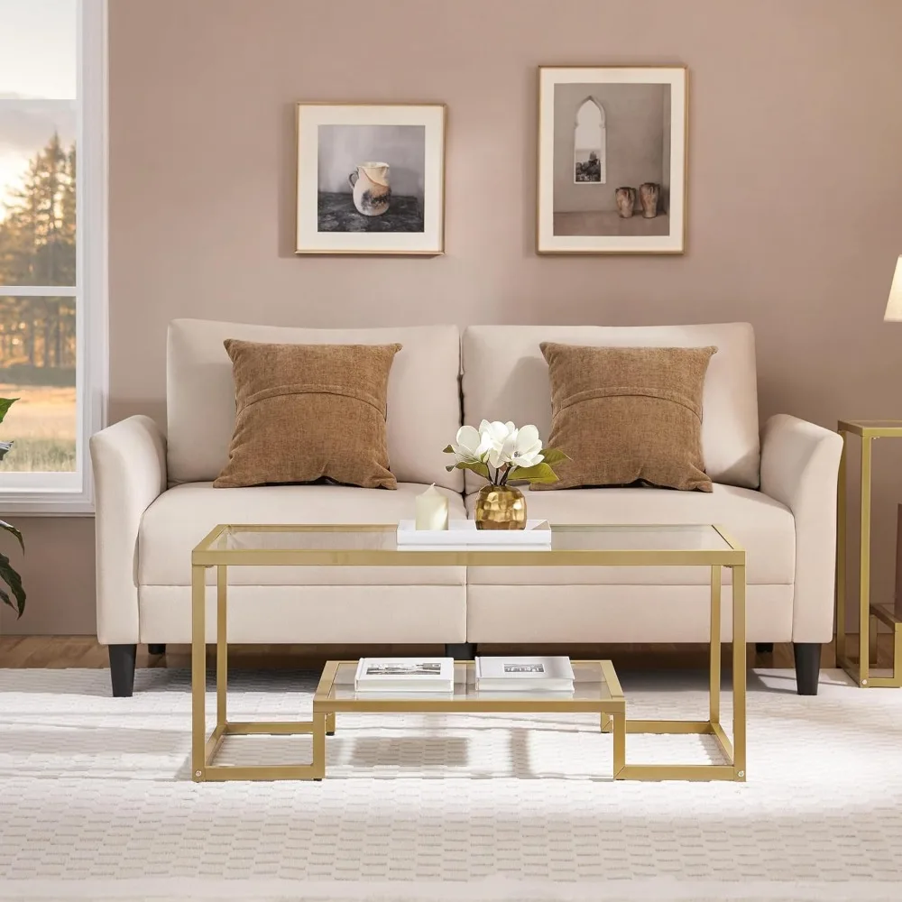 Gold Coffee Table, 42 Rectangular Glass Coffee Table for Living Room, 2-Tier Center Tea Tables with Metal Frame for Sm