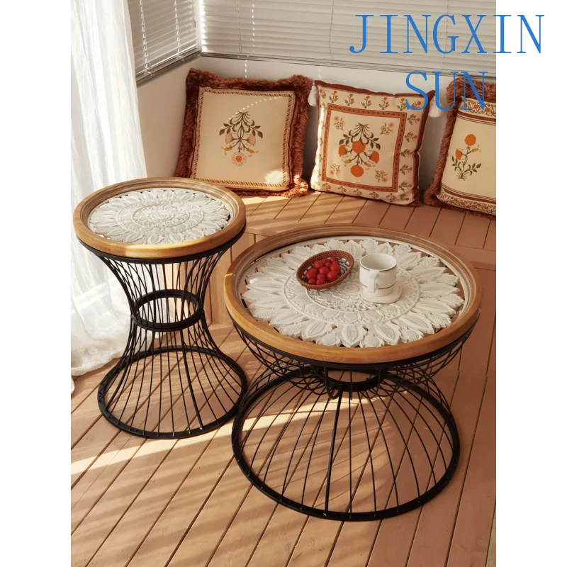 Living room sofa edge few wrought iron corner few solid wood carving flower retro round table small coffee table coffee table