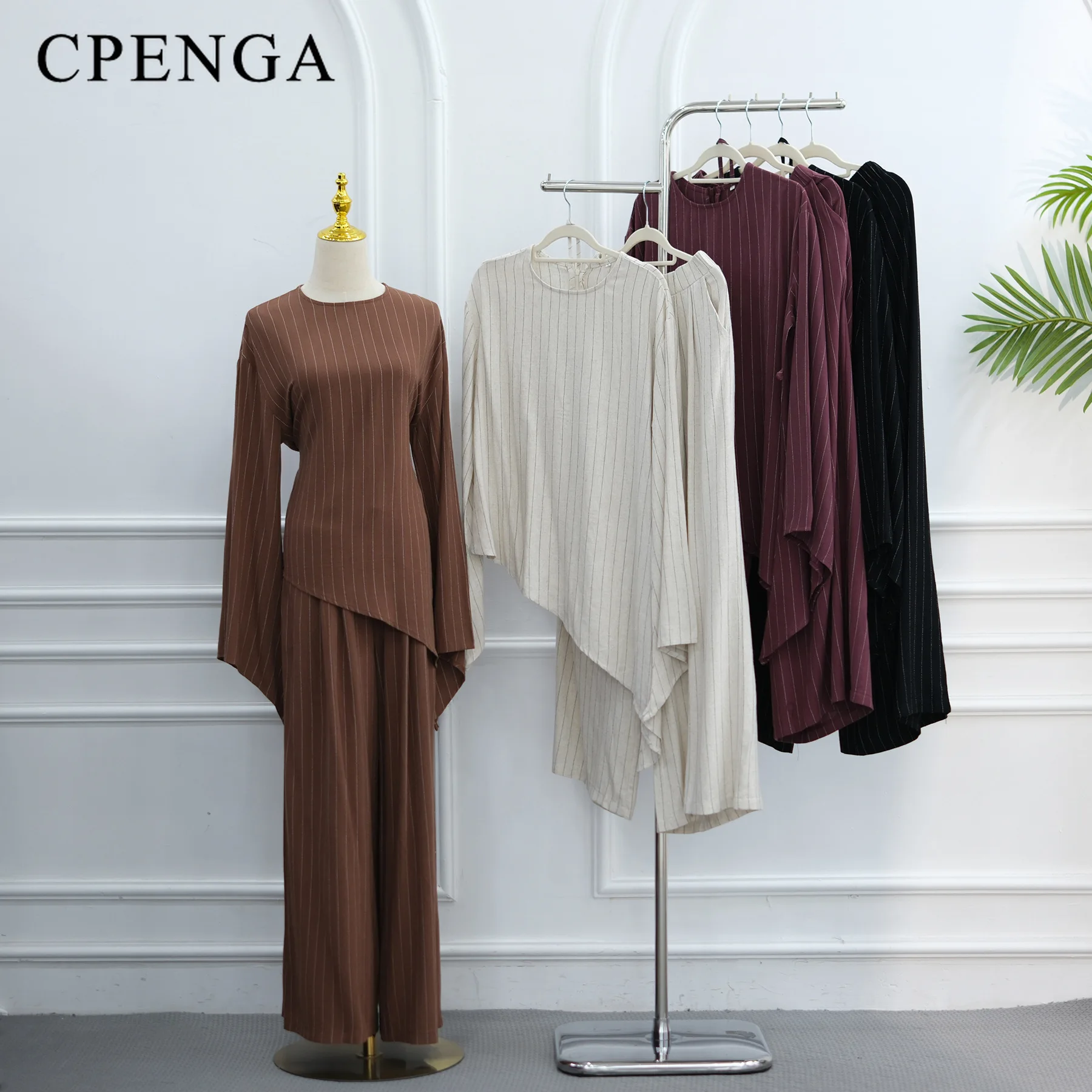Muslim Woman Clothing Abaya Women's Traditional Matching Sets Striped Two Piece Long Sleeve Tie Waist Wide Leg Pants Set