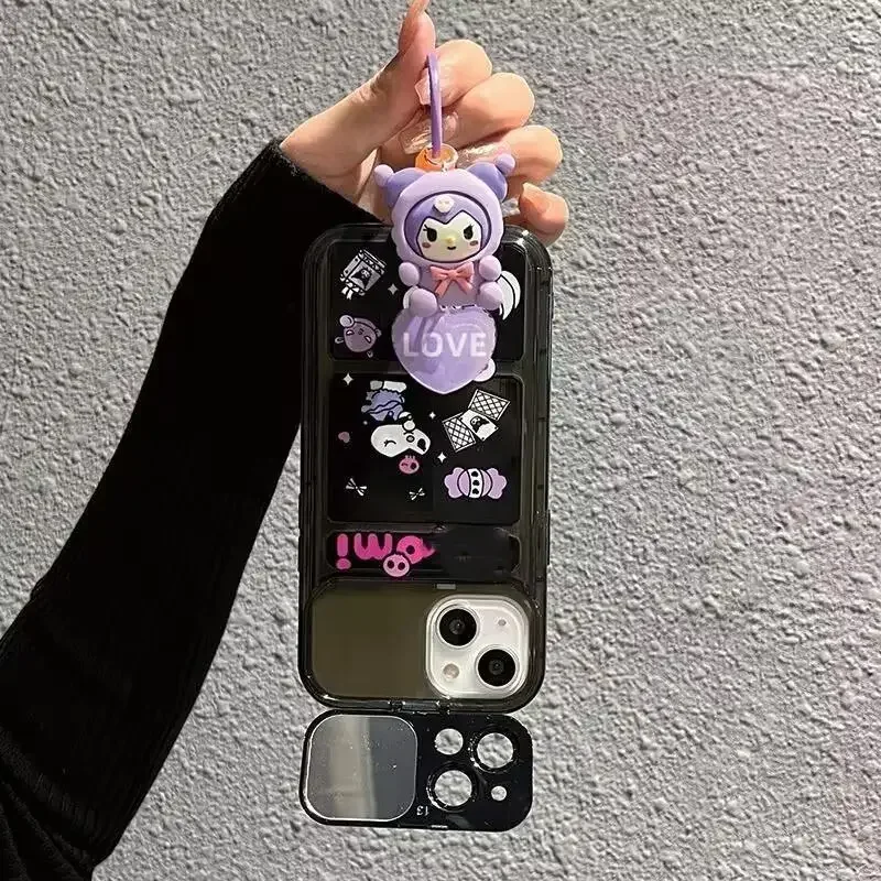 Kuromi Cinnamoroll Sanrio Cartoon Makeup Mirror Phone Case For iPhone 15 11 13 12 14 Pro Max Xs Xr X 7 8 Plus 6s Cover KeyChain