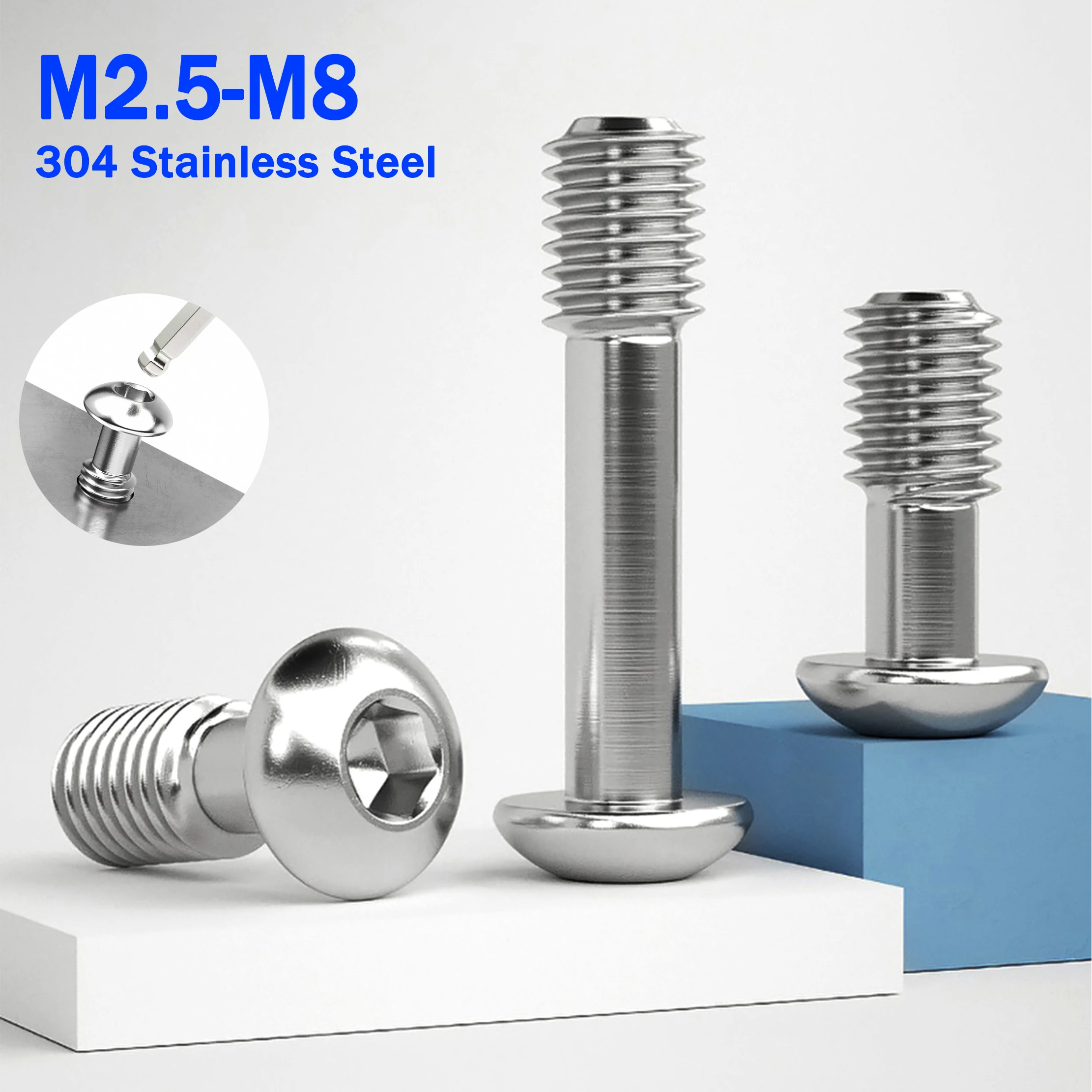 Parafusos de cabeça redonda hexagonal din7380, m2.5 m3 m4 m5 m6 m8 304, aço inoxidável, haste reduzida, parafusos de painel cativo