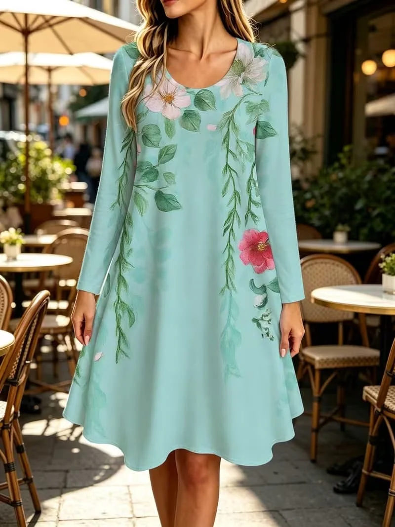 Autumn Winter Elegant Multi-color Print Women Dress Loose Casual Long Sleeve O-Neck Floral Print A-Line Dress Female Clothing