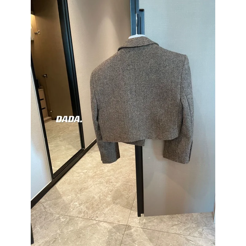 2025 Nieuwe herfst visgraat bruine tweed retro wollen korte jas damespak top met negenkwart mouwen