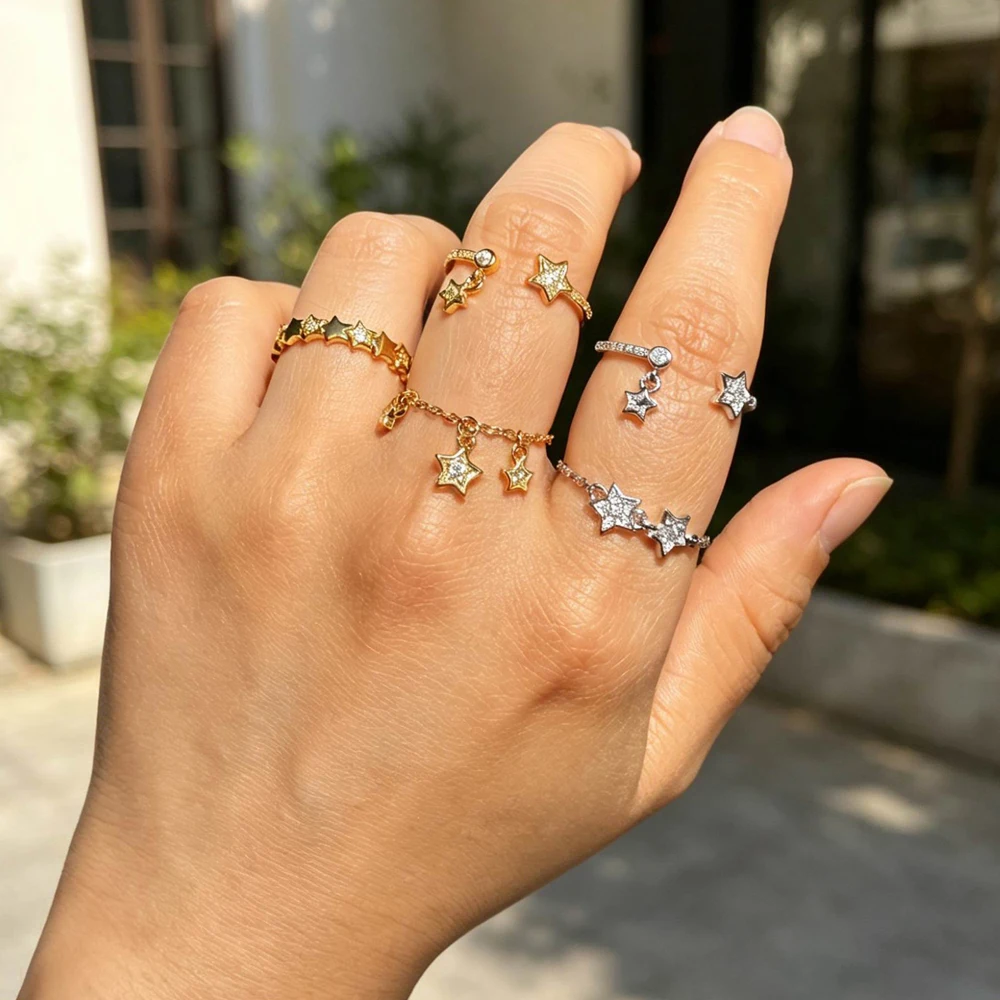 

2026 New Design Cubic Zircon Star Ring for Women Gold Color Adjusted Finger Ring Wedding Engagement Party Jewelry Wholesale