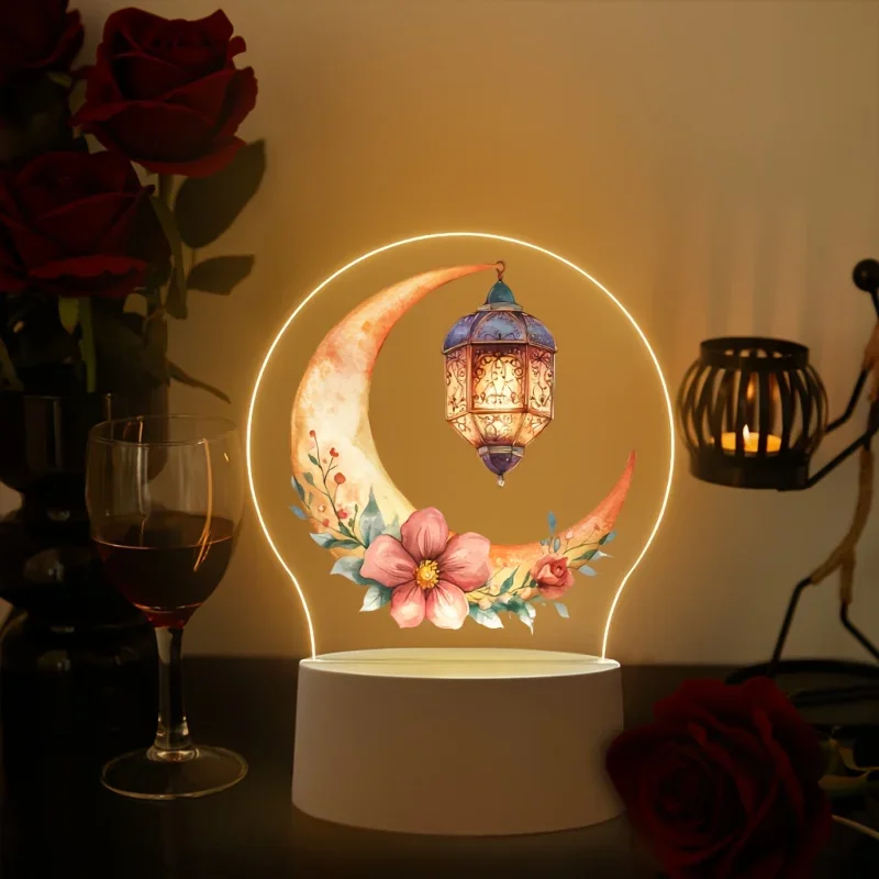 Watercolor Crescent Vintage Lantern Acrylic Night Light Ramadan Decor suitable for Islamic decorations and carnival festive table decorations.