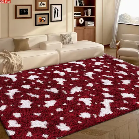 Burgundy White Cow Print Shaggy Area Rug Animal Print Non‑Slip Carpet Floor Mat for Living Room Bedroom Home Decor