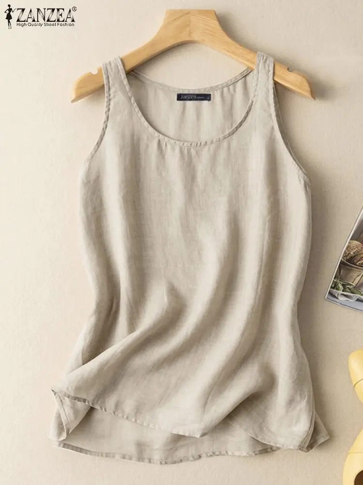 ZANZEA Summer Vintage O Neck Sleeveless Solid Cotton Blouse Fashion Tanks Tops Women Casual Beach Blusas Female Holiday Shirt