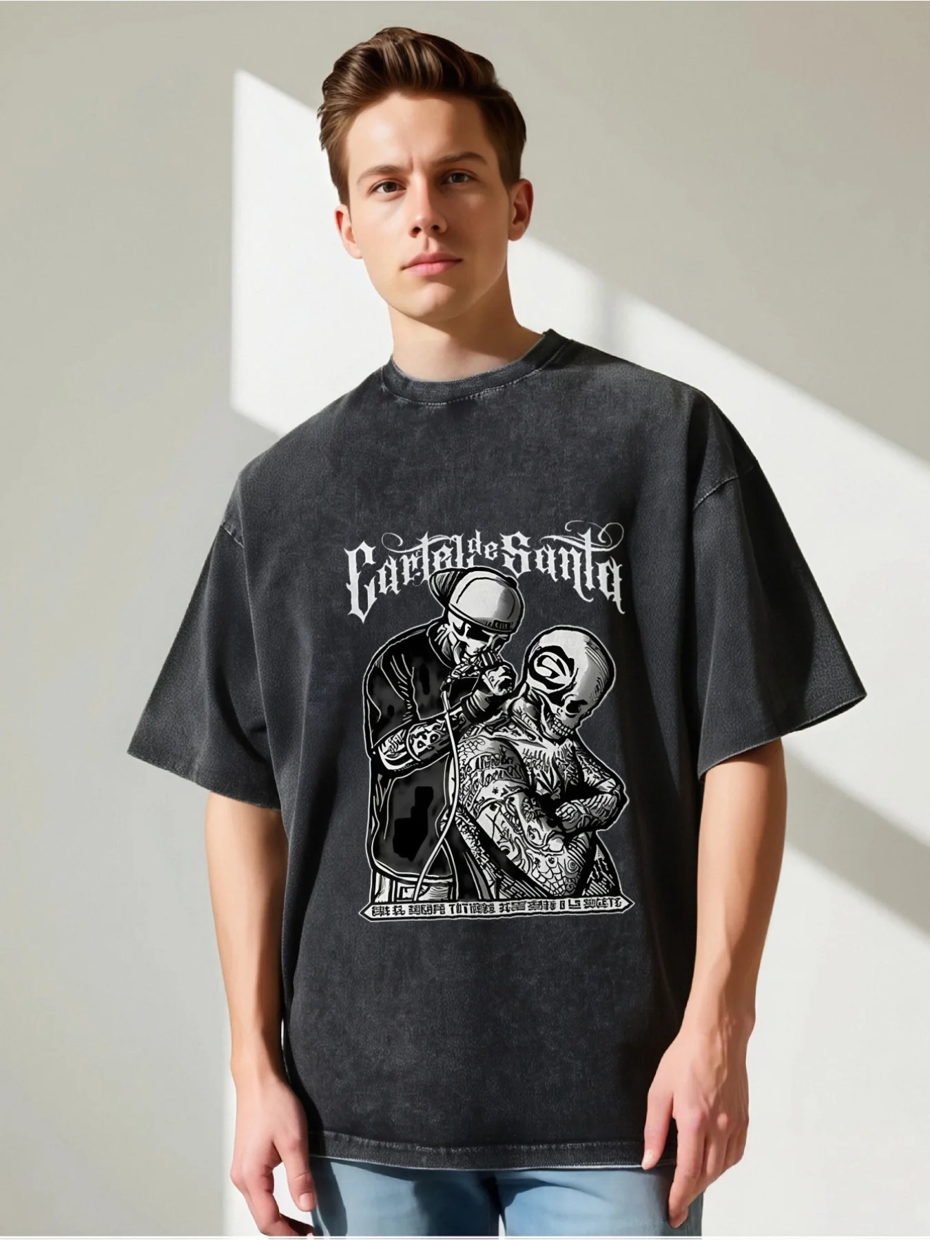Men's Retro Punk Rock T-Shirt - Short-Sleeved with Skull Barber and Santa Catalina Design, Soft Washed Fabric, Loose Fit, Suitable for Concerts, Everyday Streetwear, Retro Music Merchandise, Machine Washable Unisex Top
