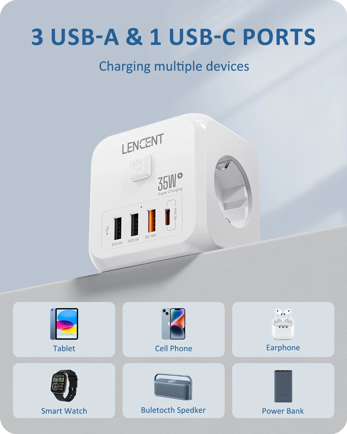 LENCENT EU-Stecker-Steckdosenleiste, Steckdose mit 3 AC+3 USB QC, 18 W + 1 Typ C PD, 35 W, Schnellladeadapter, 7-in-1-Steckdose, Ein/Aus-Schalter