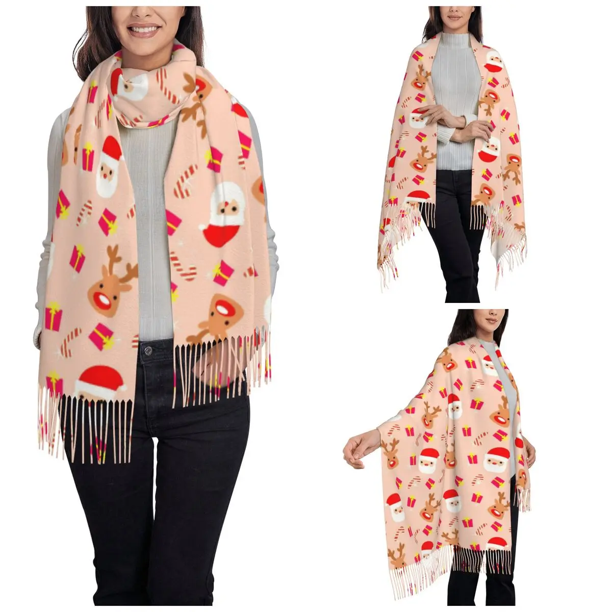 Cute Christmas Santa Claus Reindeer Shawl Wraps Women Warm Single-sided Pattern Scarf Pashminas Tassel Scarves