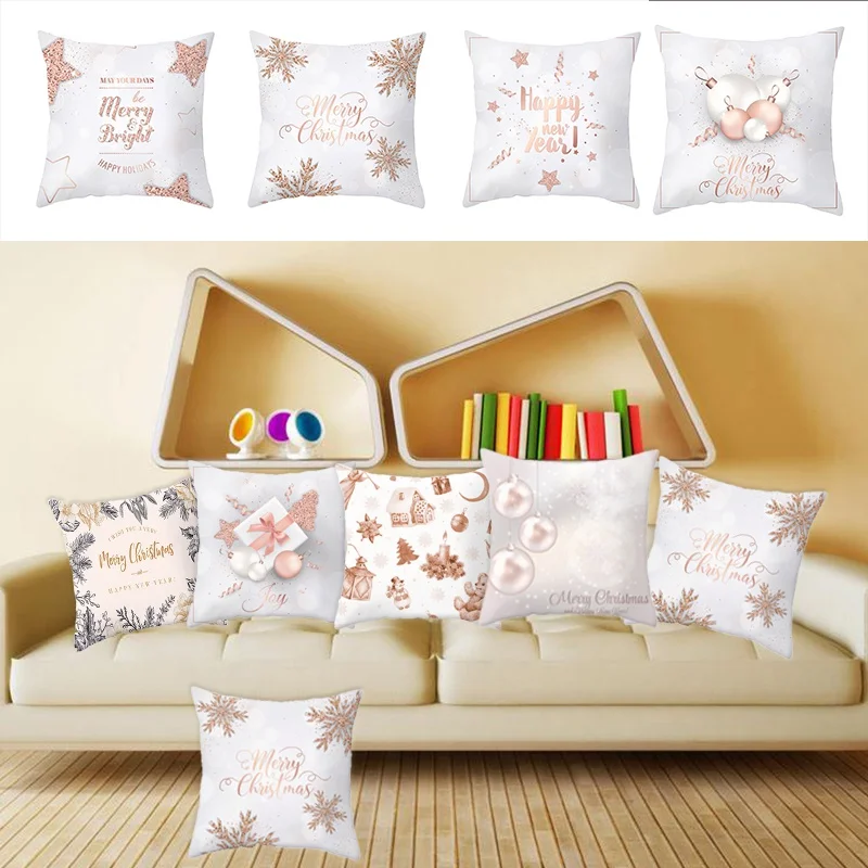 Merry Christmas Upholstered Cover Pillowcase Throw Pink Polyester Rose Gold Car  Decoration Sofa Waist