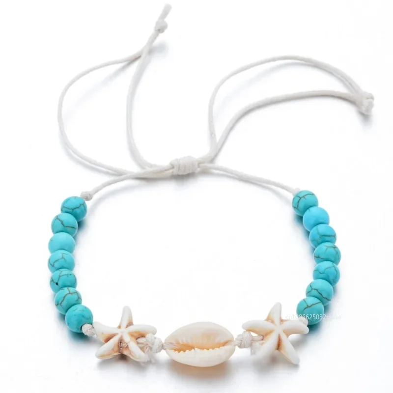 Natural Stone Shell Bracelets Summer Starfish Shell Woven Bracelet Unisex Adjustable Wax Rope Fashion Boho Beach Jewelry