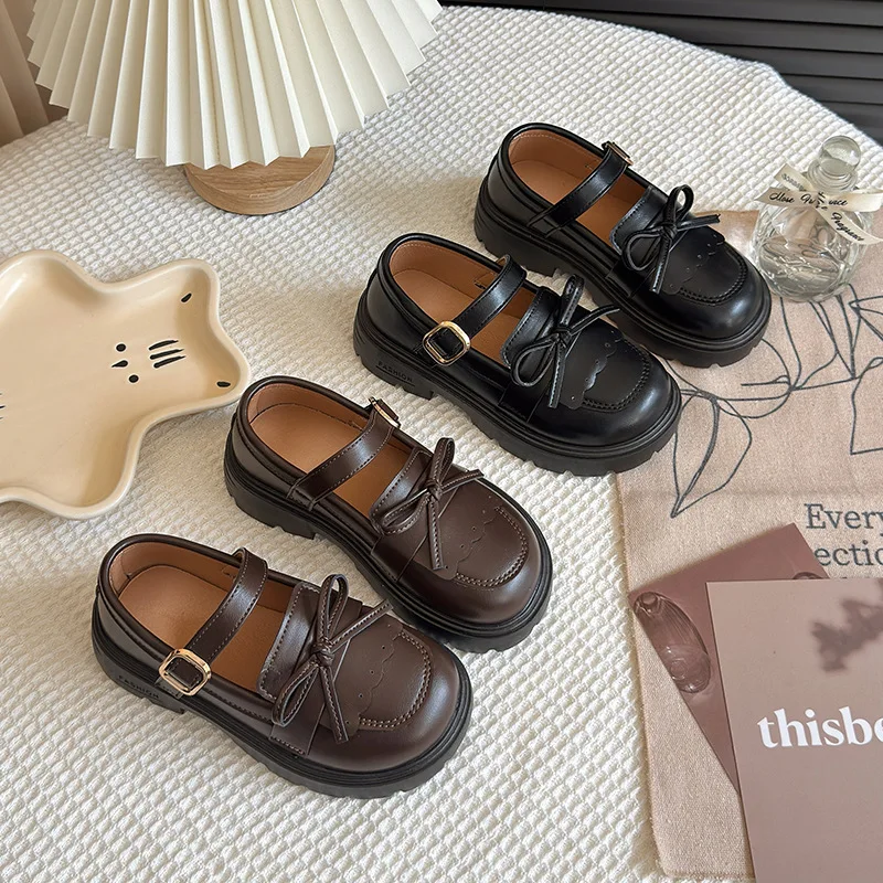 

Fashion Leather Shoes Girls Lace Bow Princess Shoe Spring Autumn Children British Style Solid Color Thickened Soft Soled Loafers