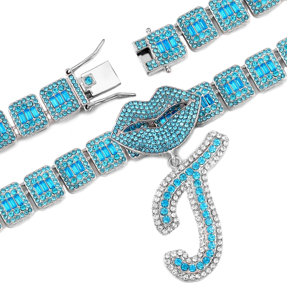Iced Out Blue Cursive Initial Crystal Letter Necklace For Women High Quality Square Cuban Chain Baguette Rapper Necklace Jewelry