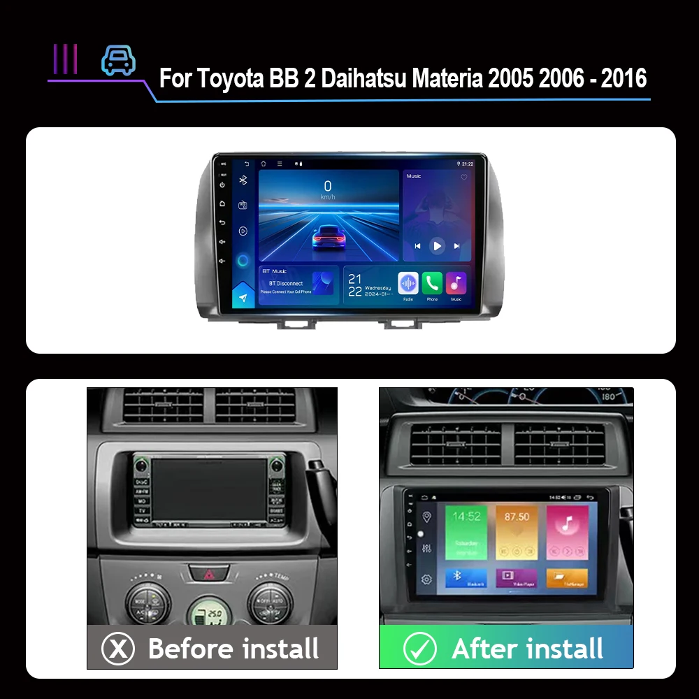 For Toyota BB 2 Daihatsu Materia 2005 2006 - 2016 Android 15 Car Multimedia Video Player Navigation GPS Radio Stereo CarPlay 4G