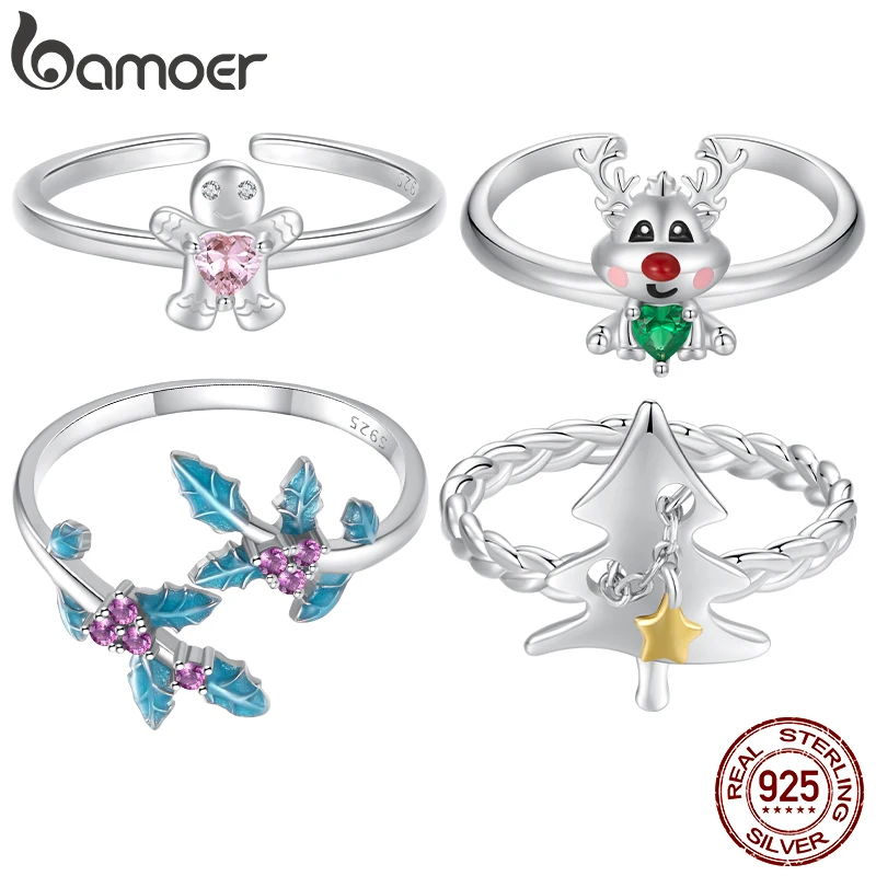 Bamoer Original 925 Sterling Silver Christmas Rings Tree Elk Holly Gingerbread White Gold Cute For Women Party Gift Fine Jewelry