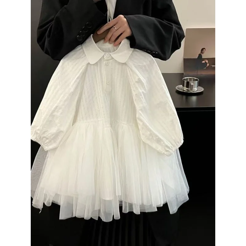 

2-8Years Girls' Dress Spring and Autumn Stylish New Children's Patchwork Mesh Dress Baby TemperamentSsolid Color Shirt Dress