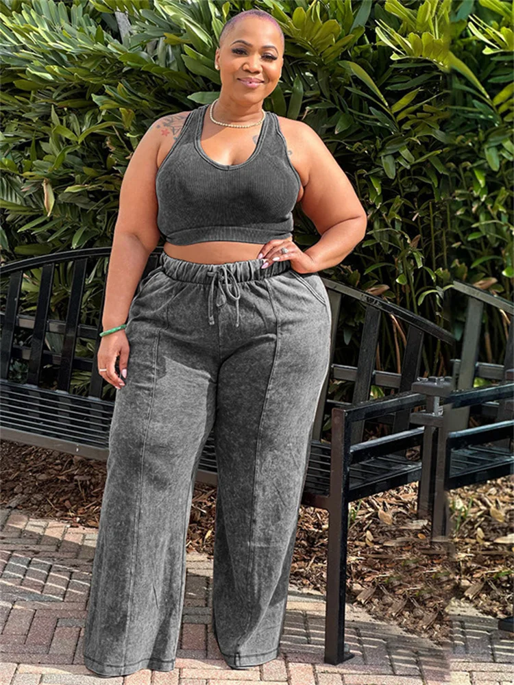 

Plus Size 2 PCS Casual Oversize Two Piece Set Sports Tank Crop Top Wide Leg Pants Women Tracksuit L-4XL Workout Summer Outifts