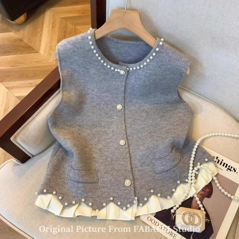 

Осенний жилет в китайском стиле с жемчужной вышивкой, жилет в корейском стиле для женщин, осенний высококачественный вязаный жилет, костюм Тан, жилет