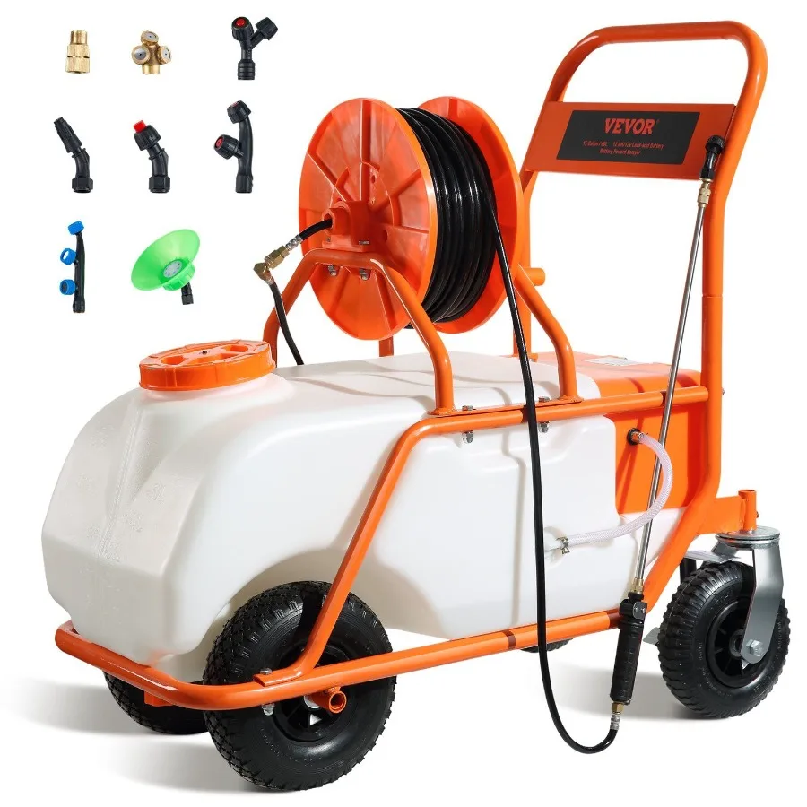 

Battery Powered Lawn Sprayer on Wheel 090 PSI Adjustable Pressure 15 Gallon Tank Cart Sprayer with 8 Nozzles and 2 Wands 12V 1