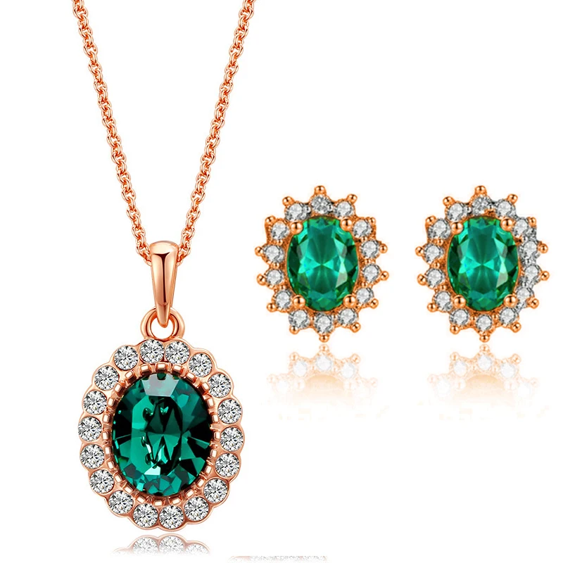 2022 new fashion women\'s emerald stone pendant necklace earrings set female all-match jewelry wholesale