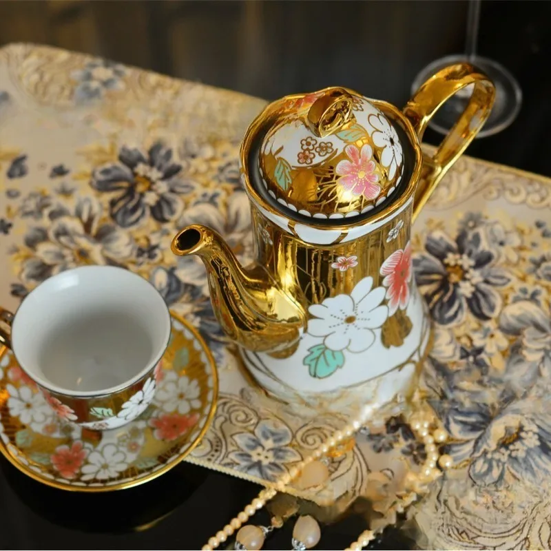 Coffee cup and saucer set 30 heads titanium-plated western tea set western food tray set electroplated ceramics
