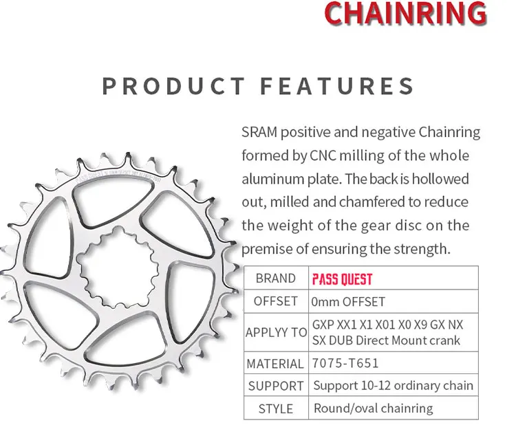 Round Oval 0mm Offset For SRAM Gx XX1 Eagle GXP PASS QUEST Crankset Round MTB Narrow Wide Chainring 28T 30T 32T 34T 36T 38T