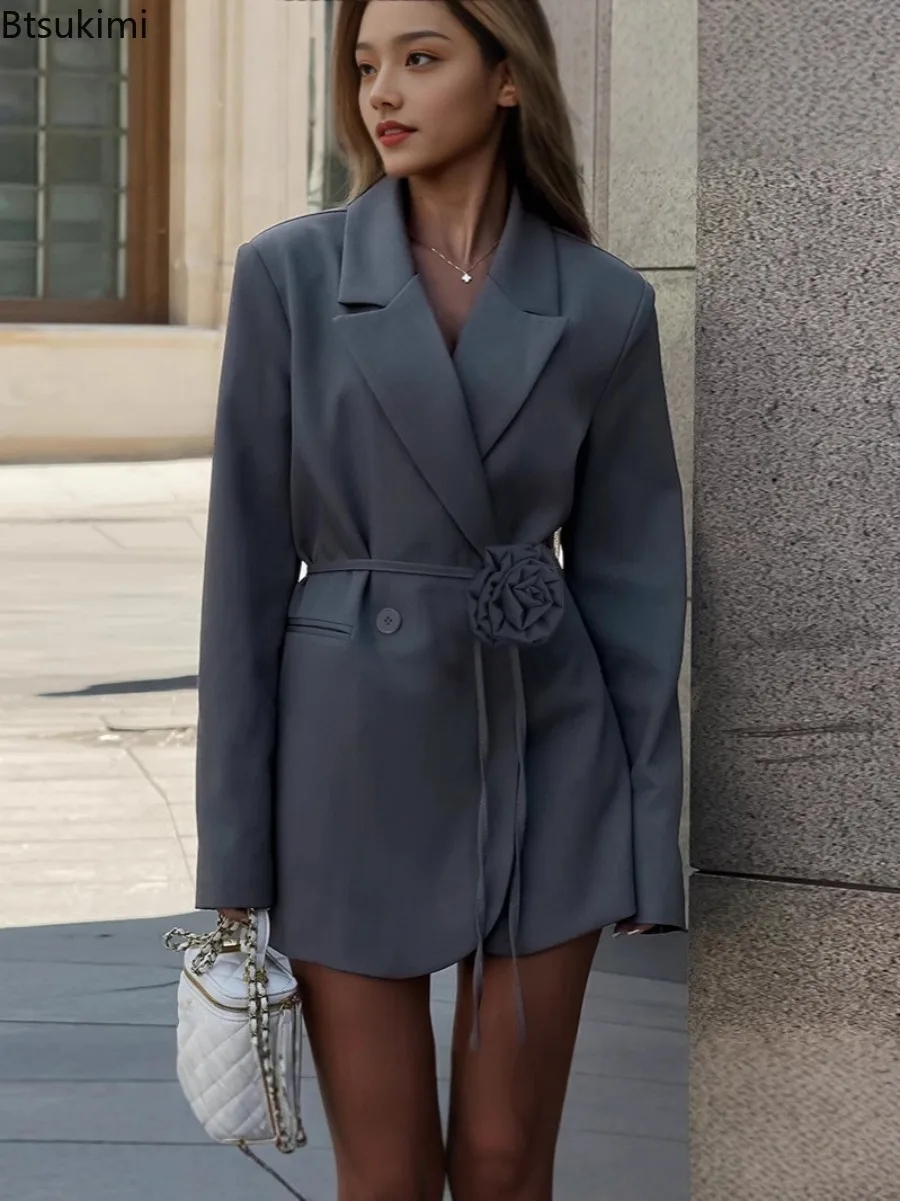 

Flower Belt Blazer Coat Women's Spring Autumn Fashion Elegant Loose Pockets Suit Jackets Office Lady Casual Oversized Outerwear
