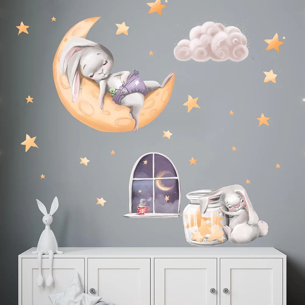 Cartoon Good Night Rabbit Moon Star Wall Sticker Bedroom Baby Nursery Animal Coffee Sleep Wall Decal Playroom Home Decor