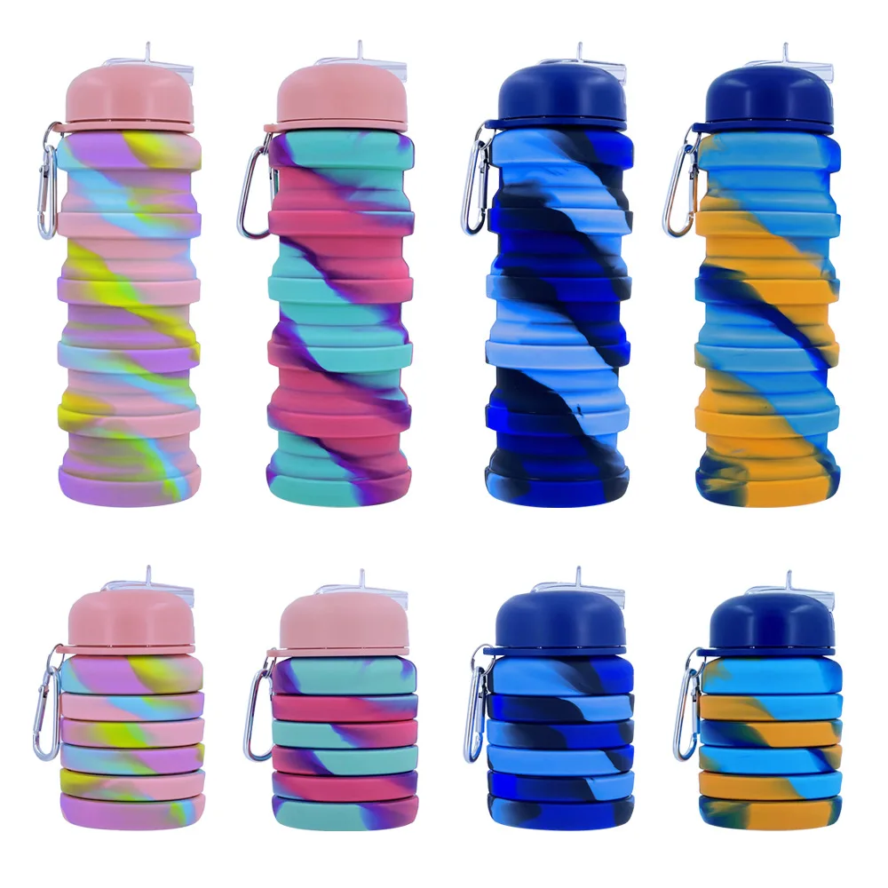 Garrafa De Água De Silicone Portátil com Mosquetão, Copa Dobrável, Dobrável, Dobrável, Ao Ar Livre, Viagem, Acampamento, Beber, 500ml