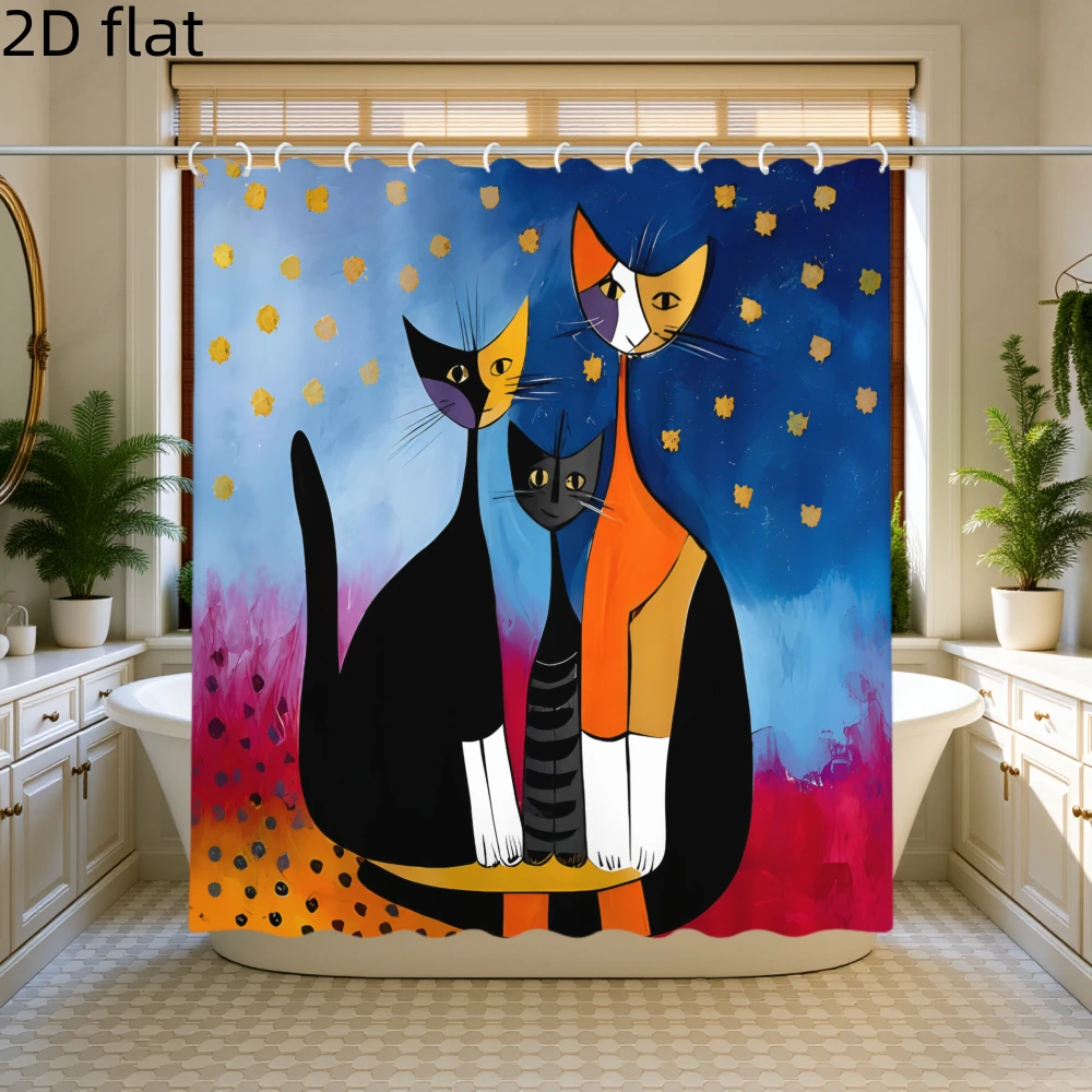 Abstract Cat Shower Curtain Colorful Feline Art Waterproof Fabric Bathroom Decor Modern Animal Bath Curtain With Hooks