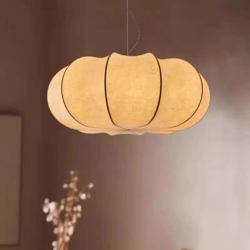 Japanese Style Pumpkin Shape Pendant Lamp Vintage Silk‑like Fabric Shade Hanging Light Fixture For Dining Table Living Room