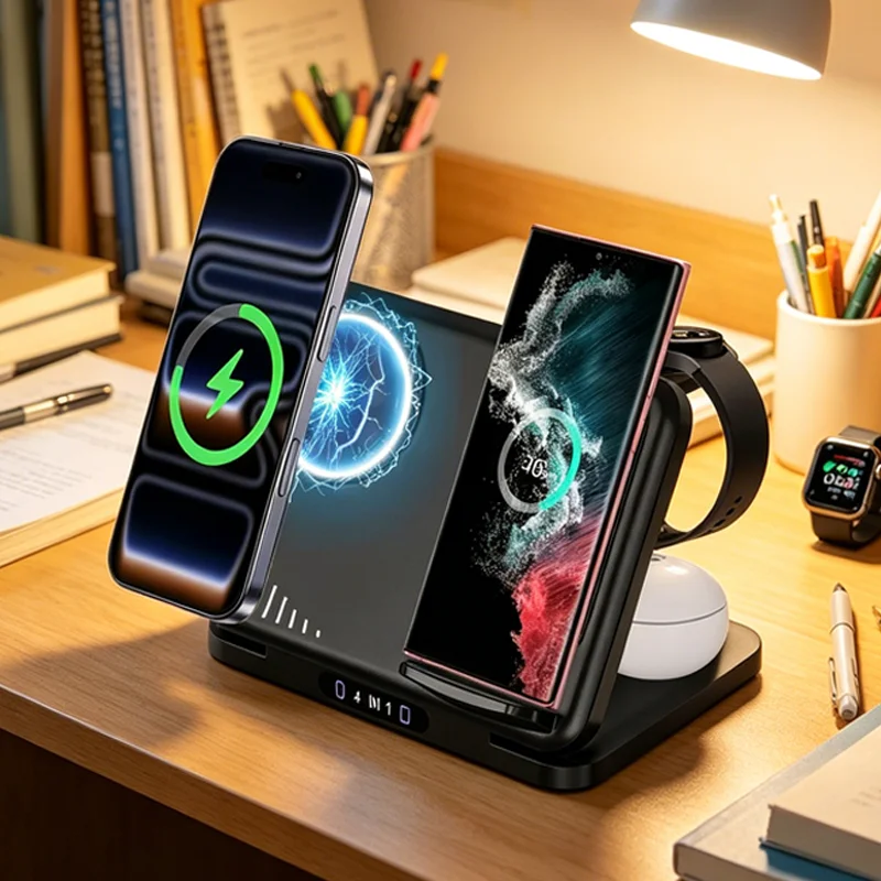 

4 In 1 Foldable Wireless Charger Stand For Magsafe iPhone 17 Samsung S26 Galaxy Watch 8 7 6 5 Active 1 2 Buds Pro Fast Charging