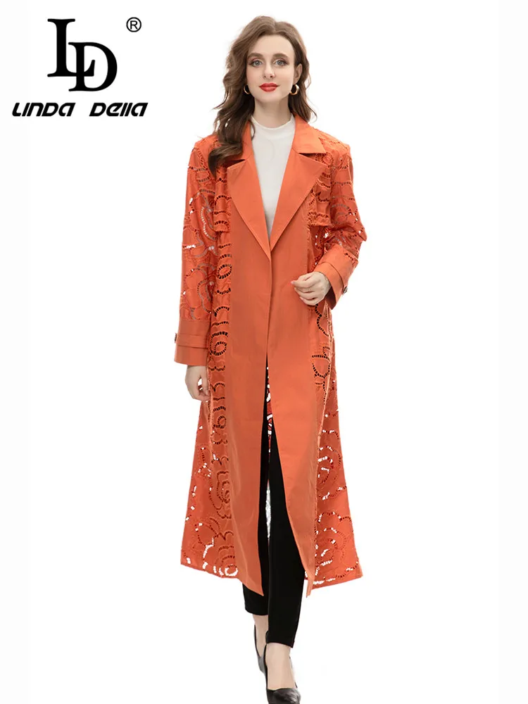 LD LINDA DELLA New Style Italian Luxury Coat Women\'s Orange Lapel Embossed hollow Elastic Waist Individuality Long Trench coat