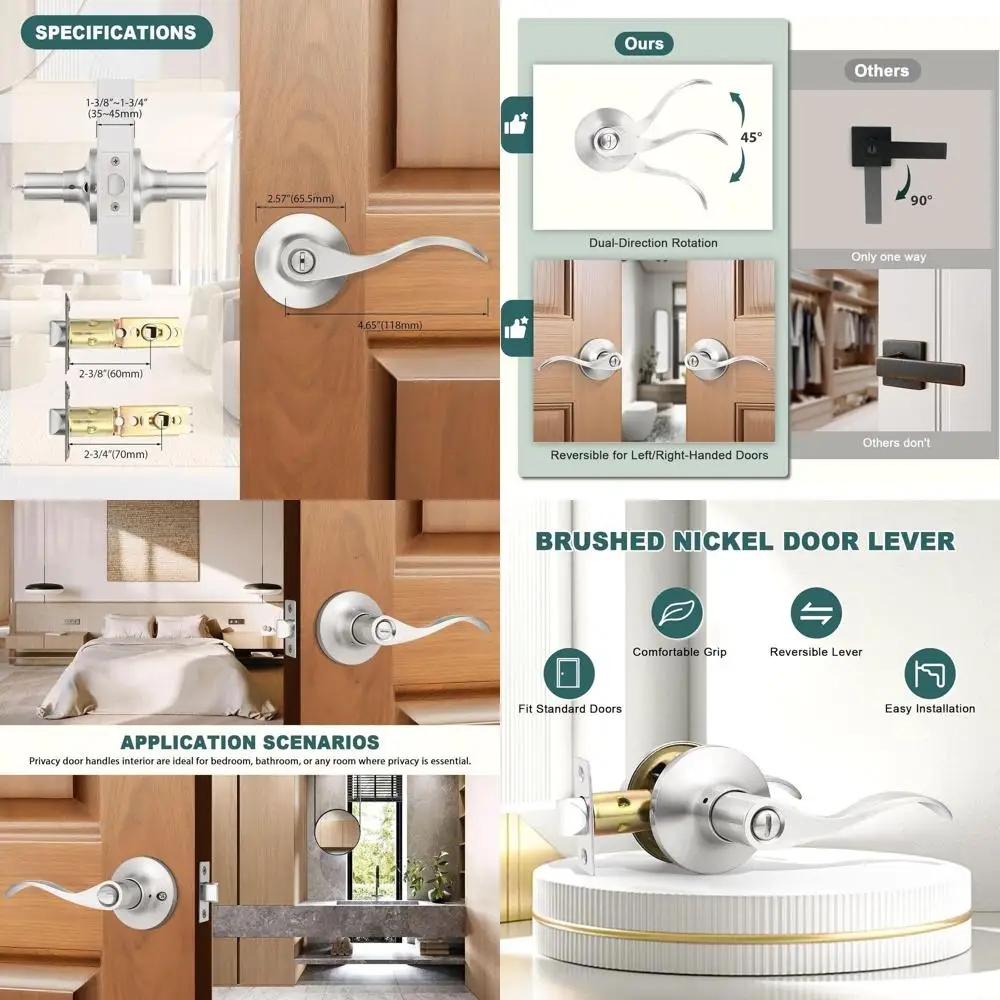 

Modern Brushed Nickel Wave Design Keyless Door Levers for Interior Privacy in Bedrooms