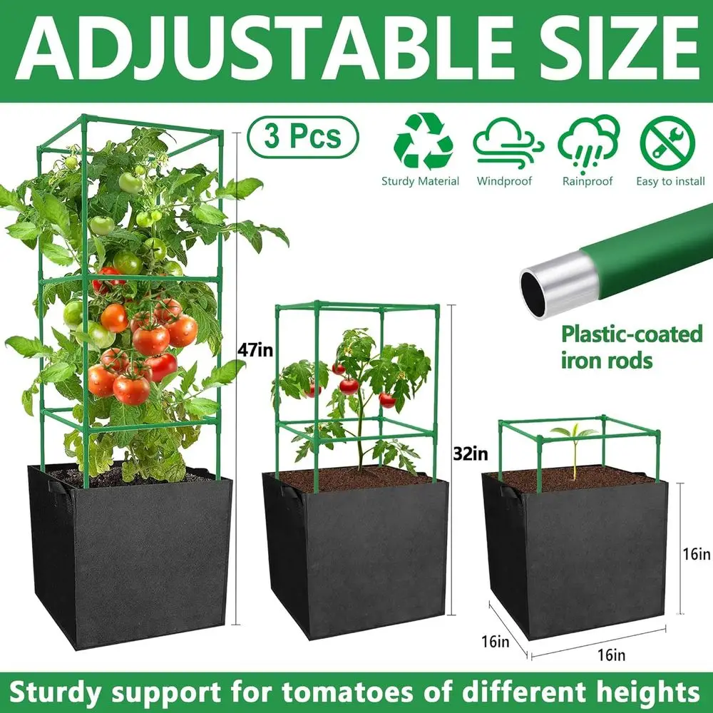 3 Packs 47 x 16 x 16 Inch Garden Tomato Cages with 17 Gallon Grow Bags - Square Plant Support Trellis Assembled with Planter Bag