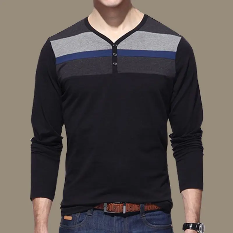 Autumn 2026 New Men's Lapel Polo Shirt Slim-fitting V Neck Cotton Casual Top Simple Streetwear Splicing Long-sleeved T-shirt